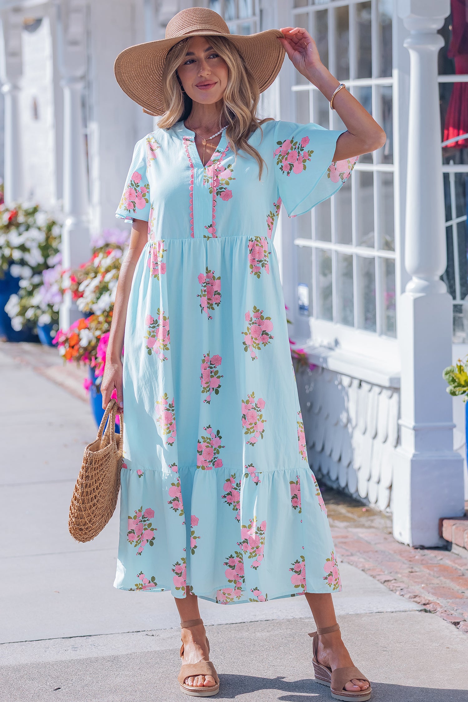 Floral Print Flutter Sleeve Maxi Dress