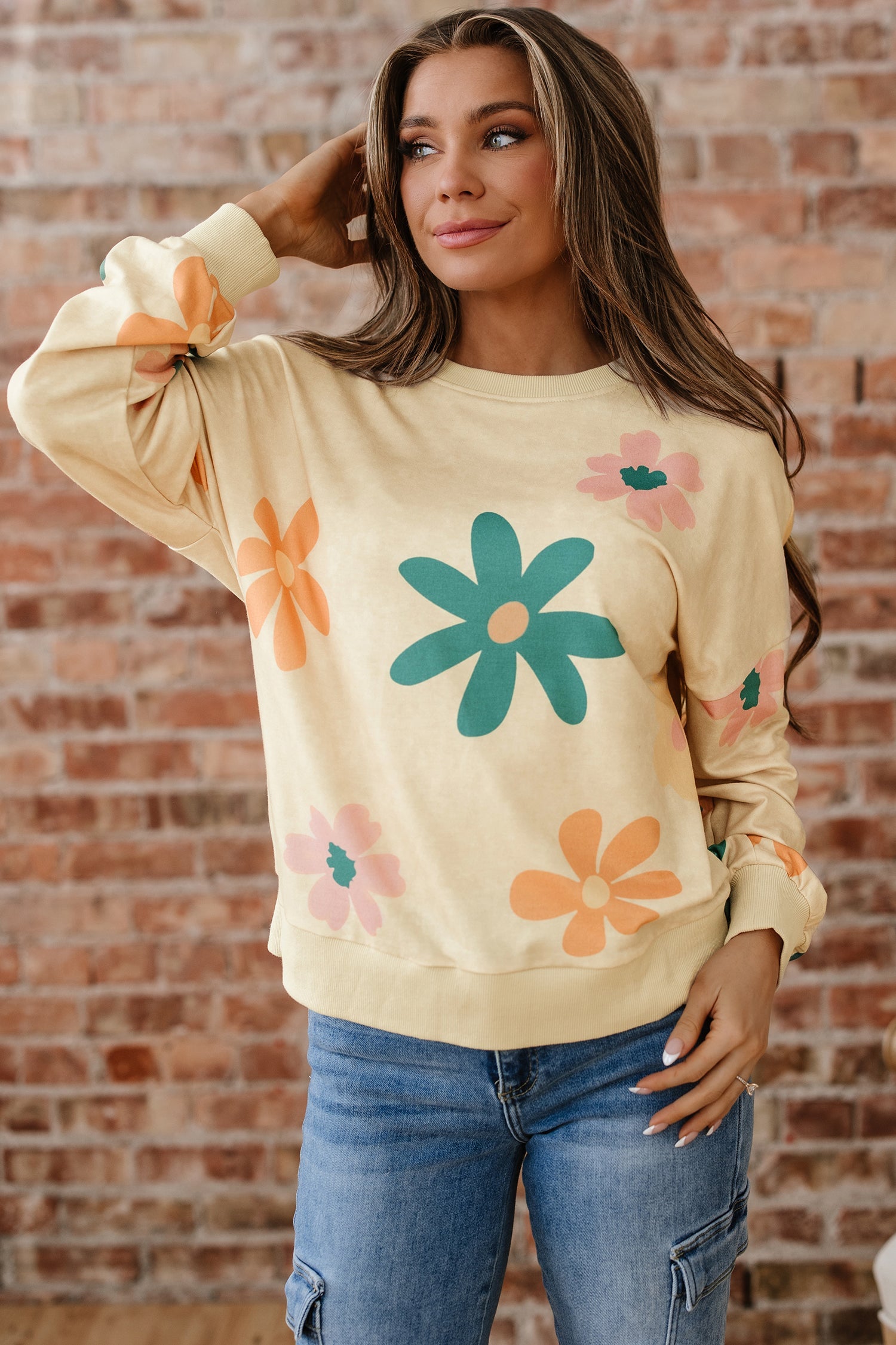 Mineral Washed French Terry Flower Print Sweatshirt - eAura