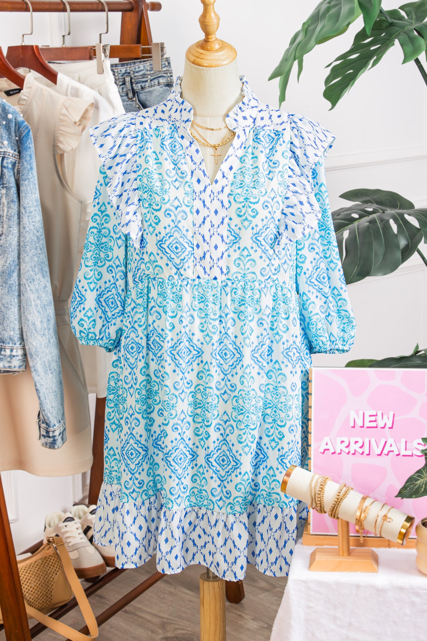 Boho Floral Geometric Patchwork Ruffle Puff Sleeve Mini Dress
