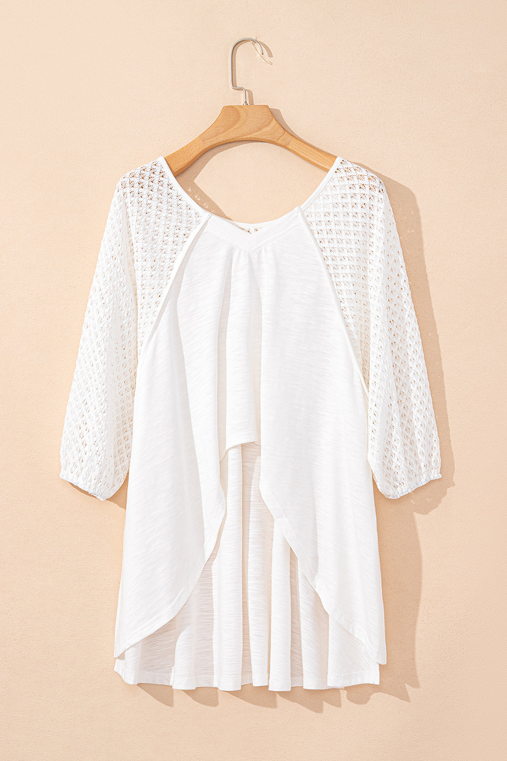 White Eyelet Patchwork High Low Hem V Neck Oversized Top eAura