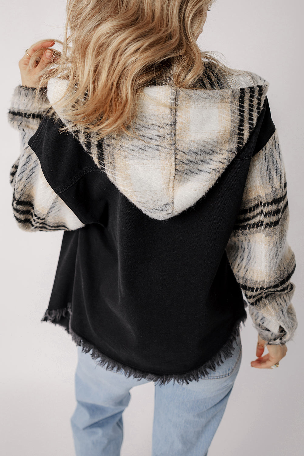 Black Plaid Sleeve Frayed Hem Hooded Denim Jacket Beagle Boutique Fashion Outlet
