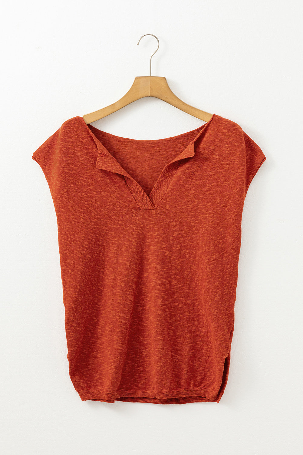 Orange Solid Colour Split V Neck Short Sleeve Sweater eAura