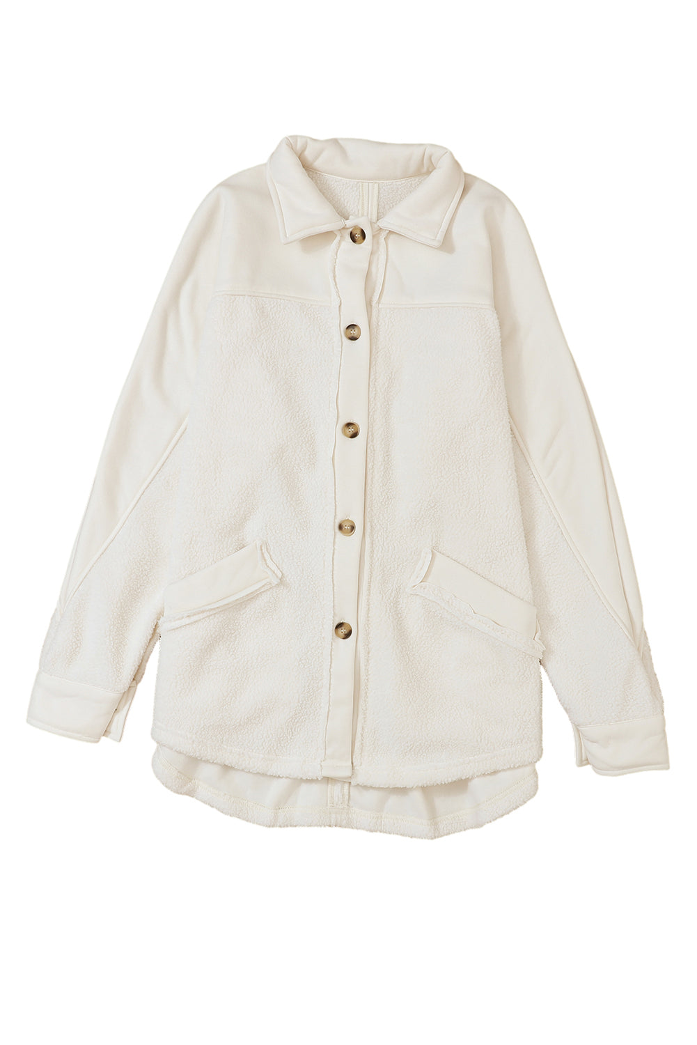 Beige Button-Up Stitching Pocket Raw Hem Shacket eAura