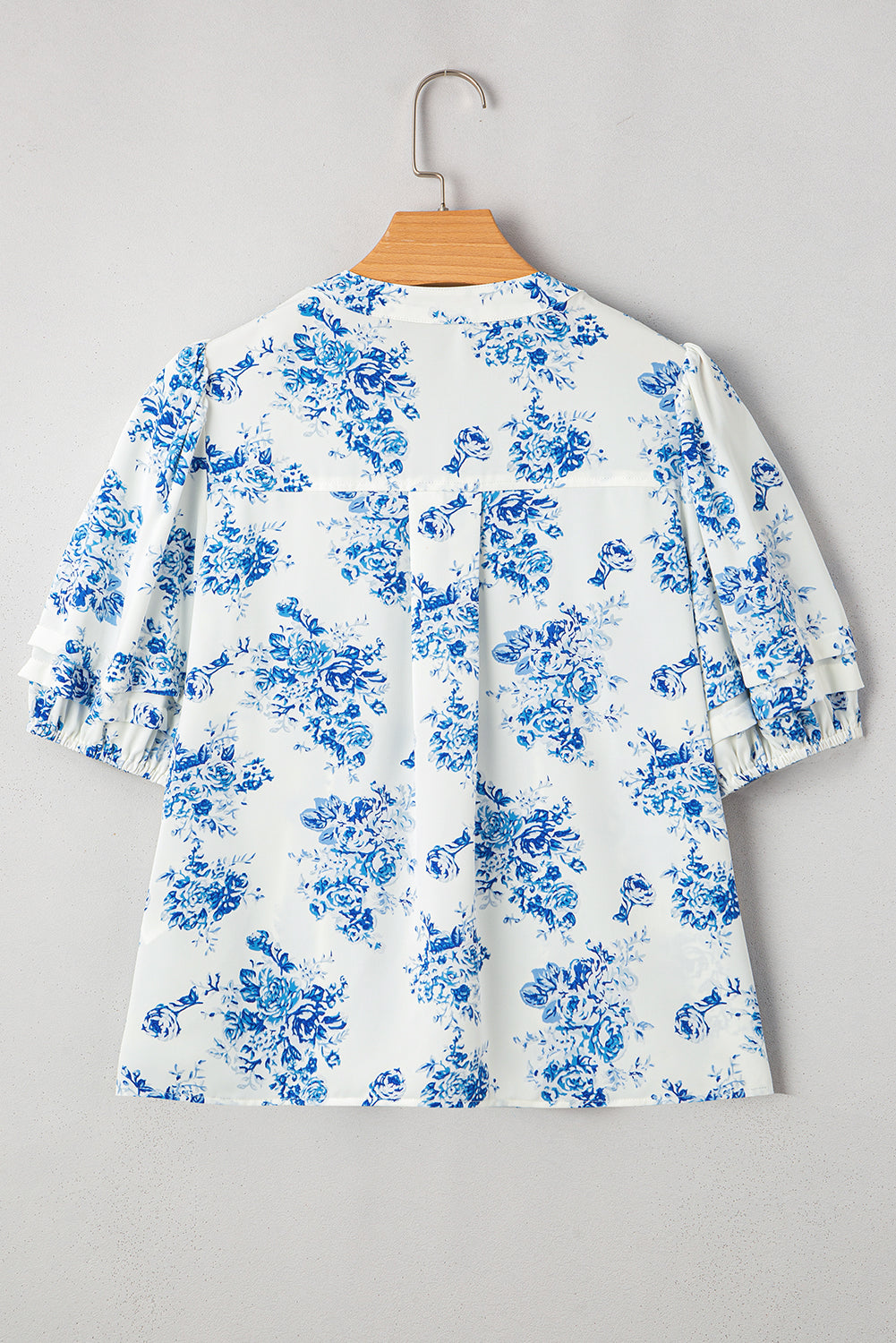 Sky Blue Floral Tiered Puff Short Sleeve Pleated Bust Buttoned Casual Shirt eAura