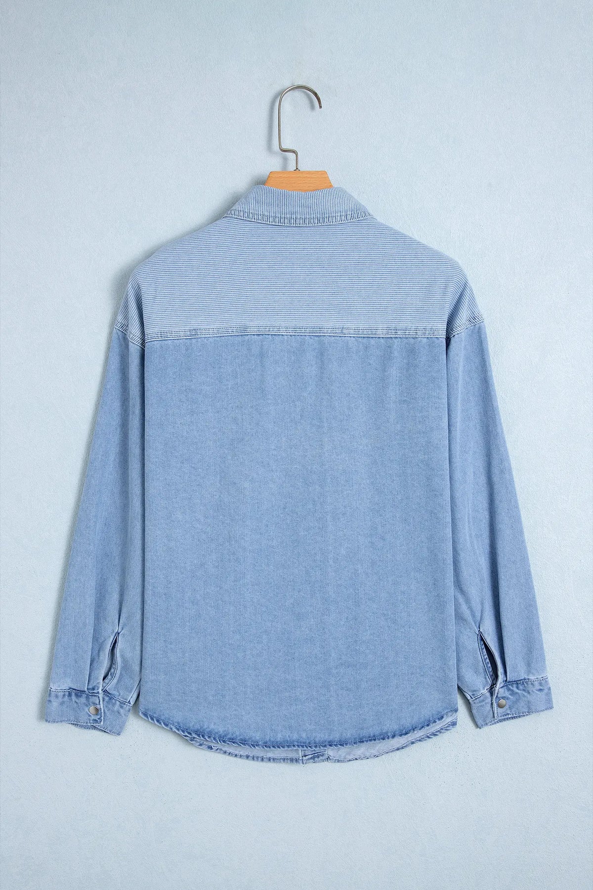 Lightweight Denim Striped Patchwork Button Down Shacket – Beau Blue
