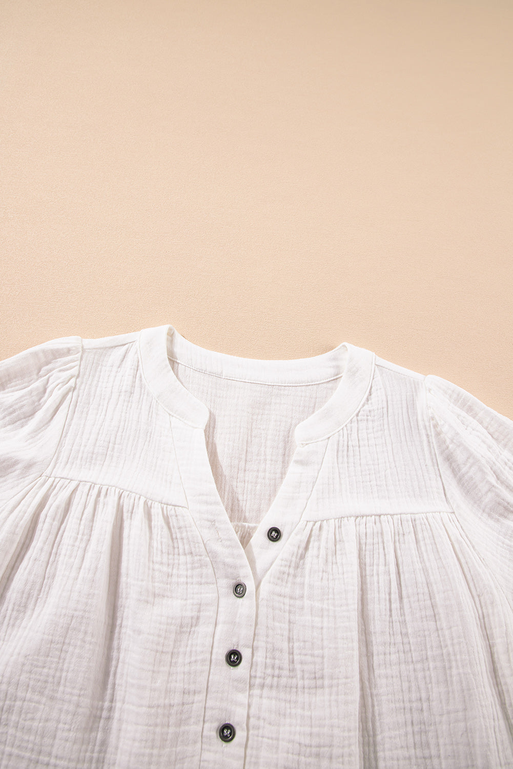 White Textured Short Sleeve Buttons Frayed Blouse eAura
