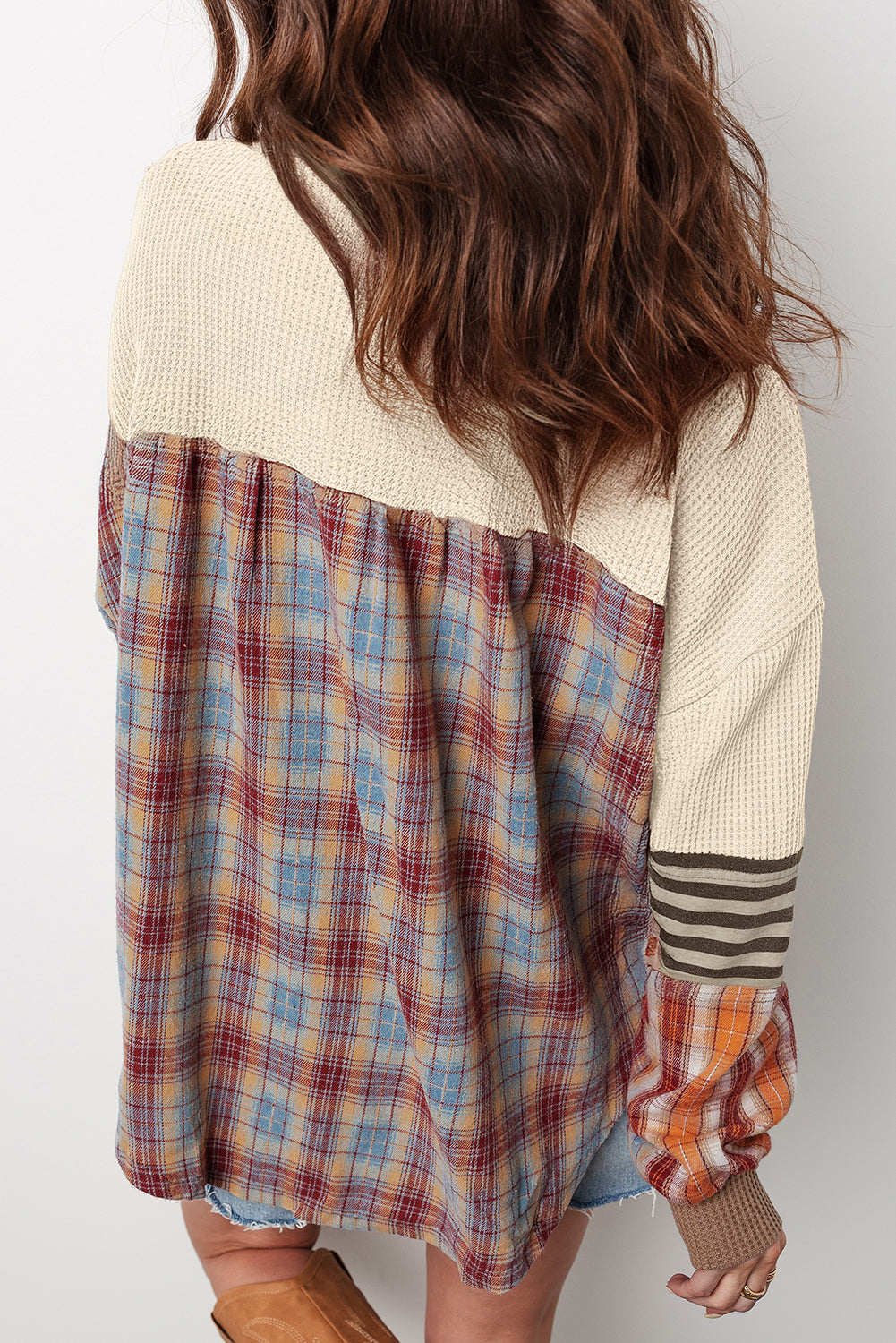 Waffle Striped Plaid Patchwork Henley Knit Top - eAura