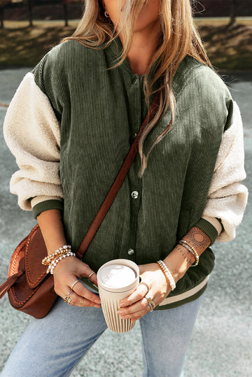 Mist Green Corduroy Fleece Patchwork Buttoned Bomber Jacket Beagle Boutique Fashion Outlet
