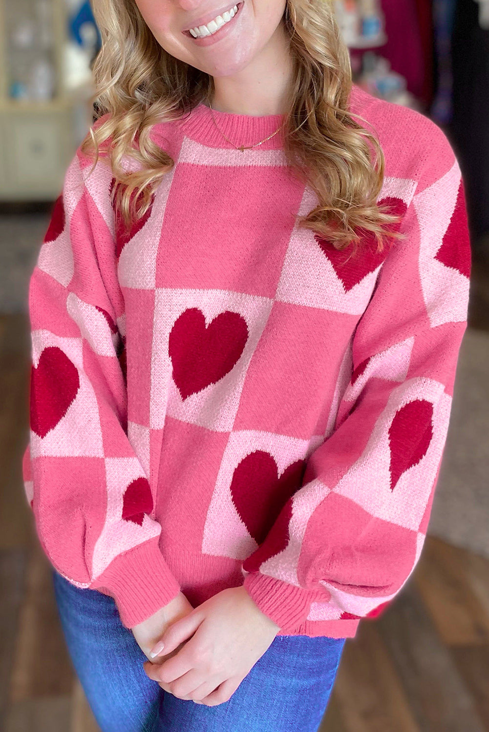 Pink Love Heart Checkered Valentine Crew Neck Sweater eAura