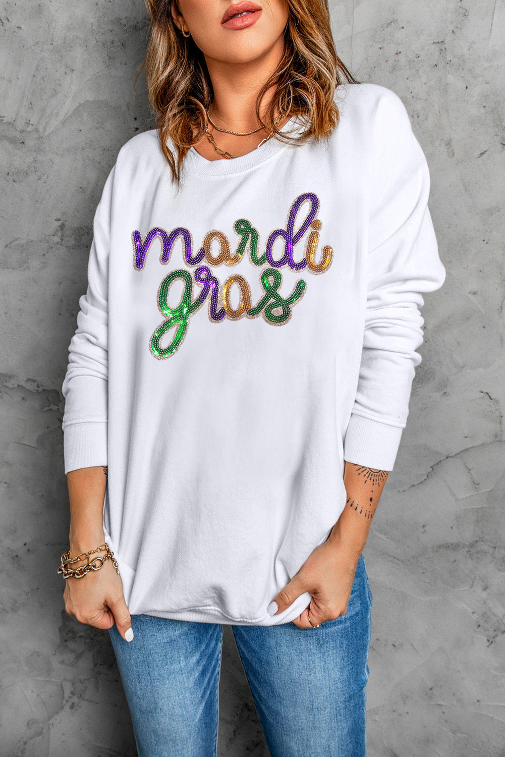 White Sequined mardi gras Graphic Crew Neck Drop Shoulder Sweatshirt eAura