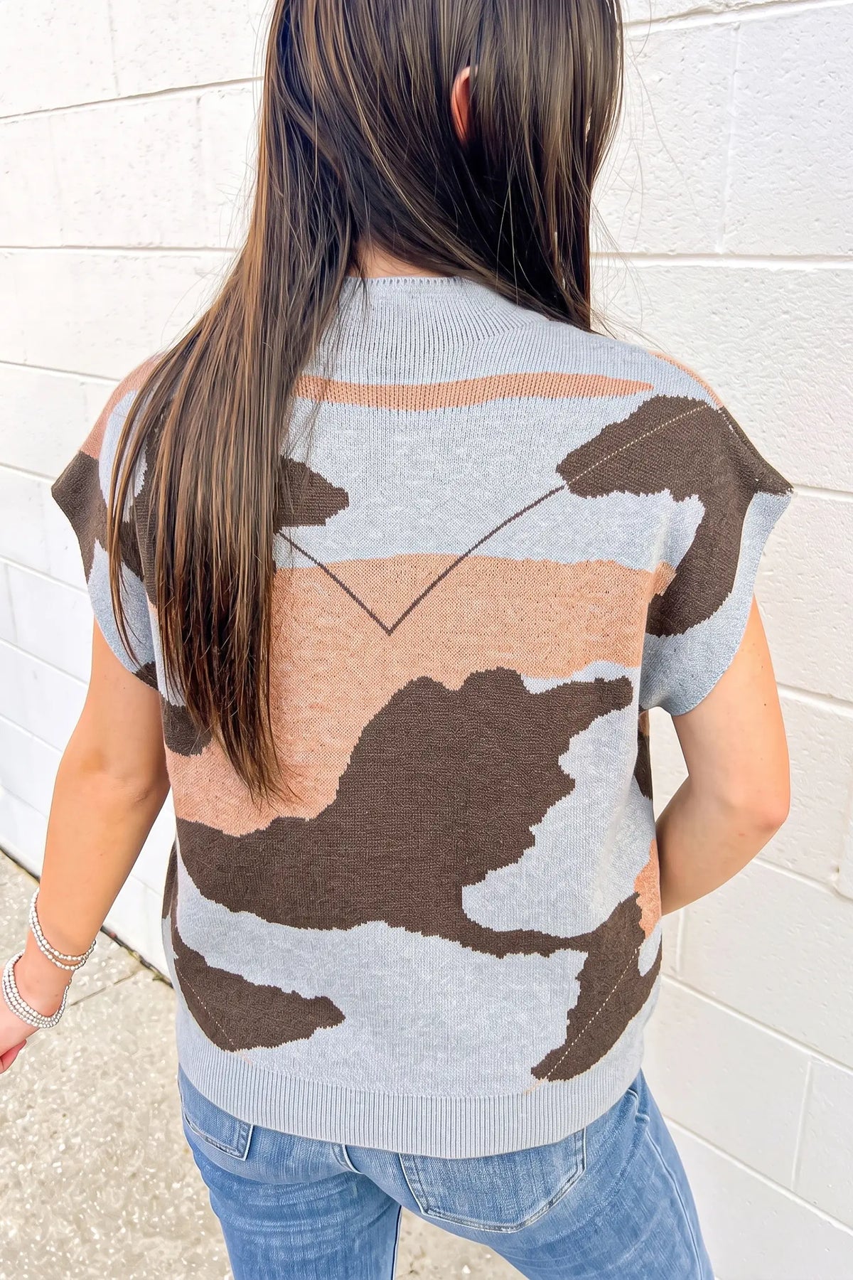 Camouflage Pattern Drop Shoulder High Neck Short Sleeve Shift Sweater – Grey