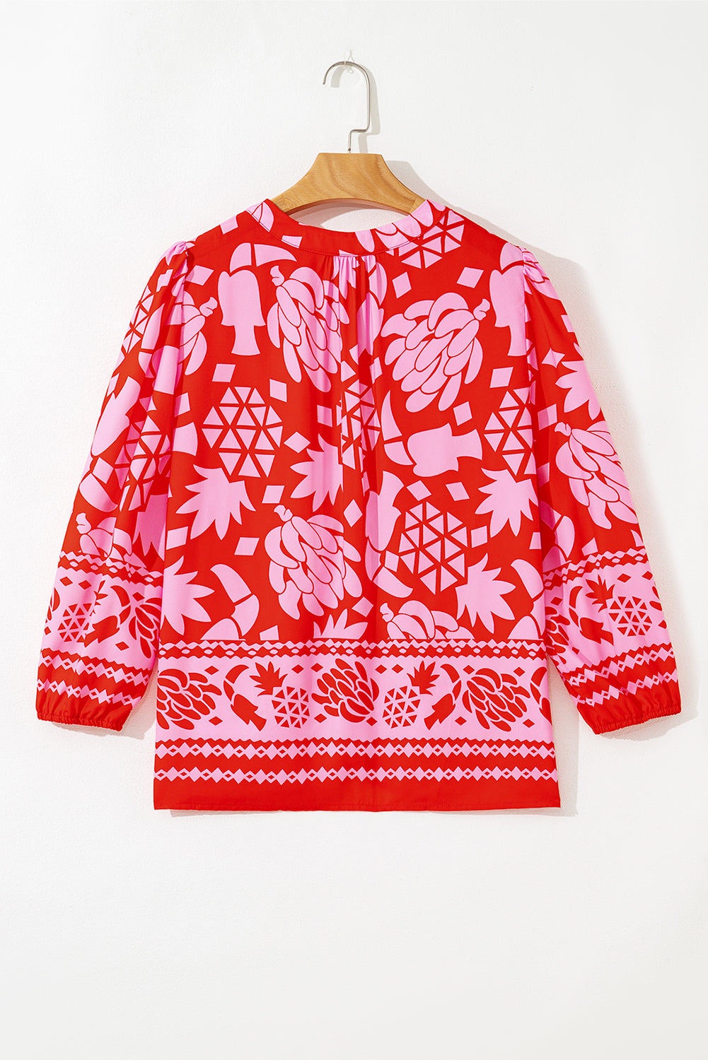 Abstract Floral Print Tie Neck Button Decor 3/4 Sleeve Blouse - eAura