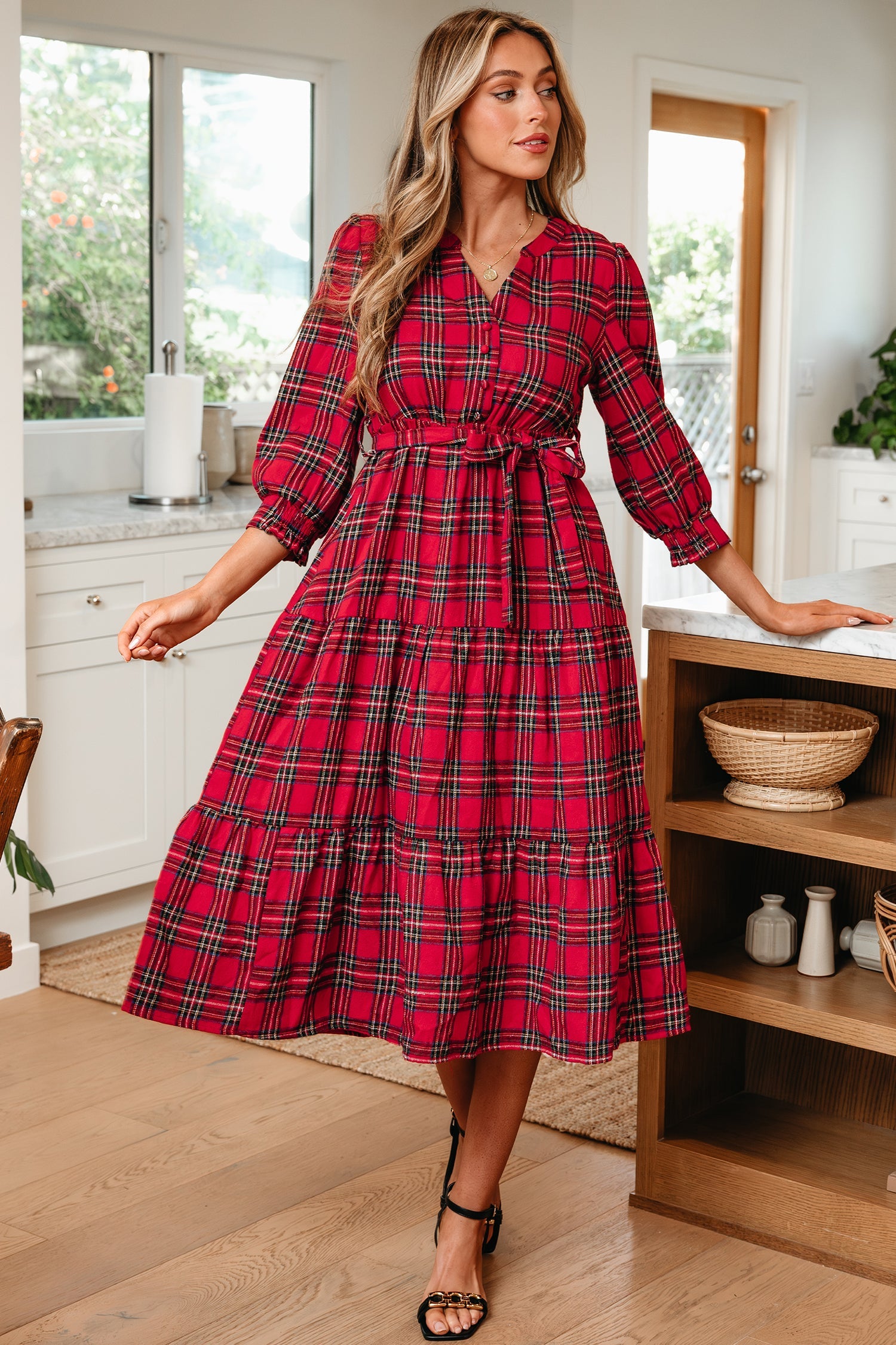 Christmas Plaid Print V-Neck 3/4 Sleeve Tie Waist Long Dress - Dresses/Maxi Dresses
