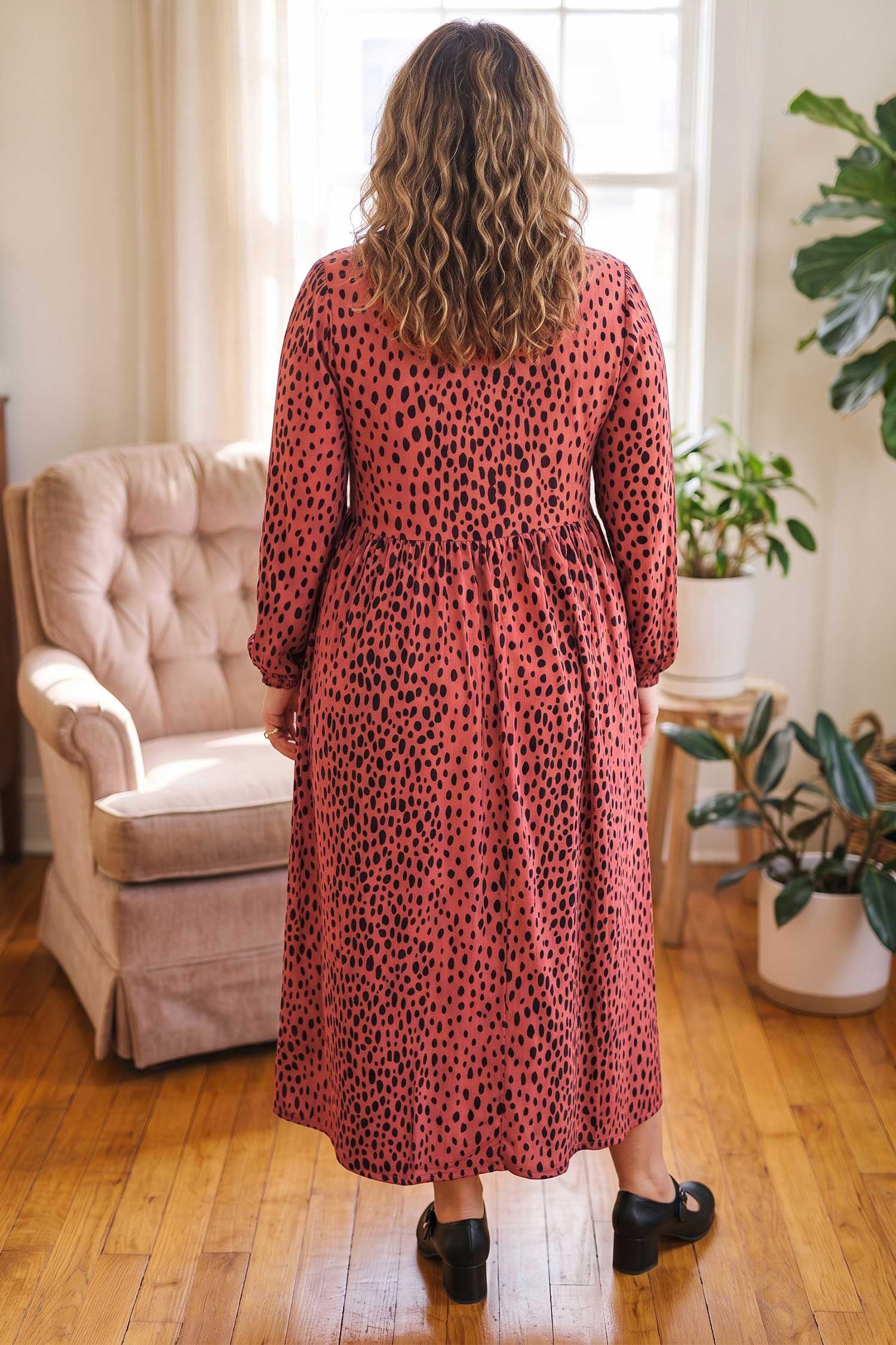 Leopard Print Long Sleeve V Neck Plus Size Midi Dress – Red