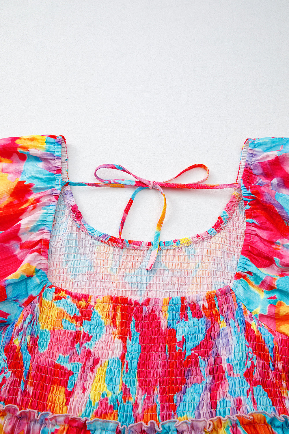 Abstract Print Puff Sleeve Square Neck Smocked Bust Tied Back Dress - eAura