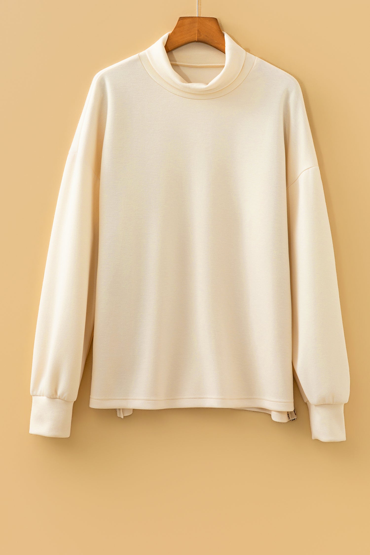 Mock Neck Long Sleeve Leopard Detail Split Hem Top – Beige