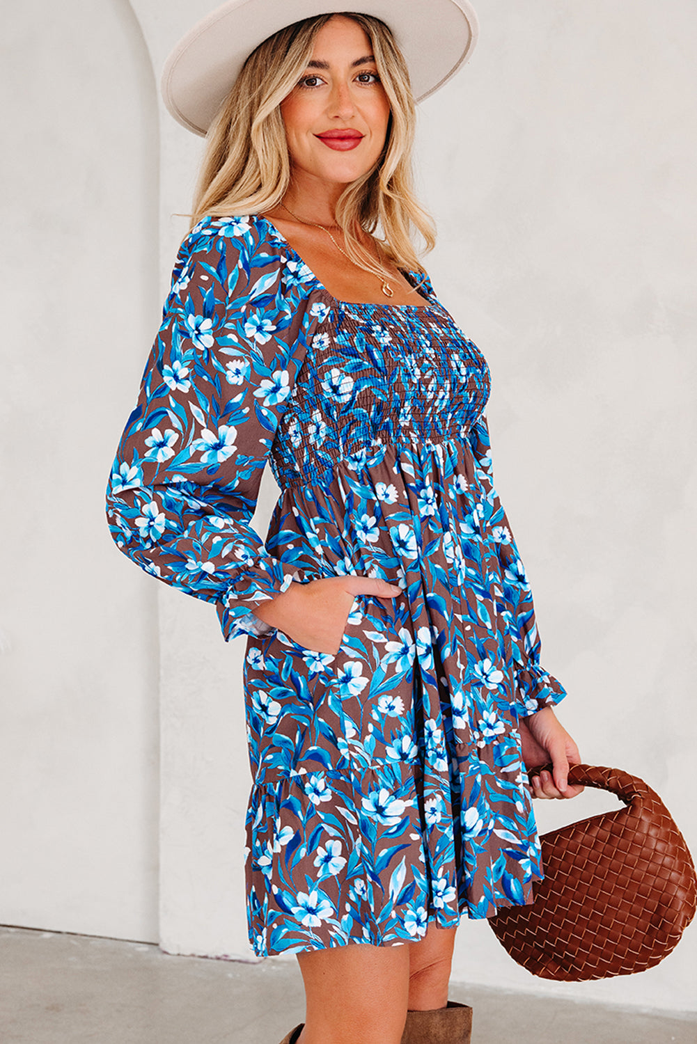 Smocked Bodice Ruffled Sleeve Floral Dress - Dresses/Mini Dresses
