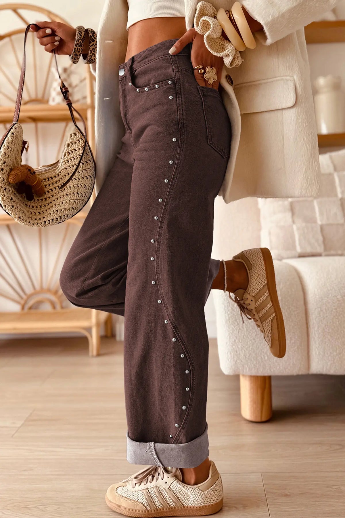 Side Seam Rivet Detail Ankle Length Casual Jeans – Coffee