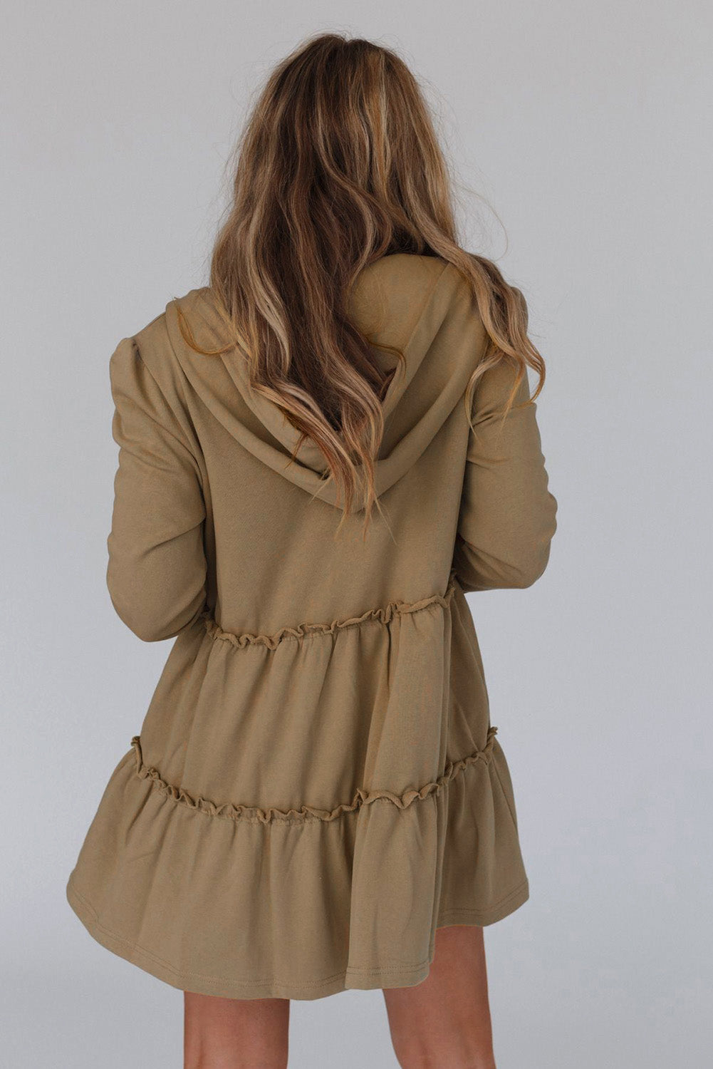 Khaki Tiered Ruffled Zip-Up Drawstring Hooded Jacket eAura
