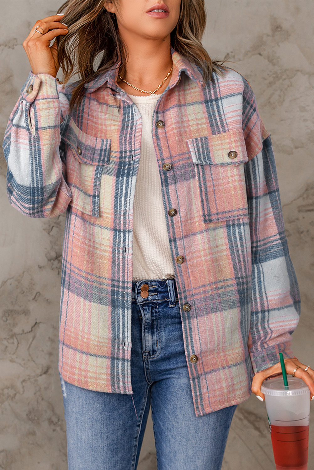 Pink Black/Pink Plaid Flap Pockets Shacket eAura