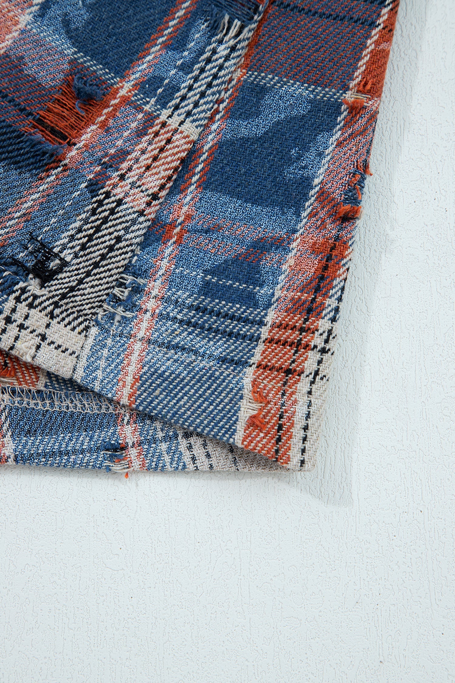 Boho Floral Plaid Patchwork Distressed Detail Ruffled Sleeve Waffle Shacket - Outerwear/Jackets