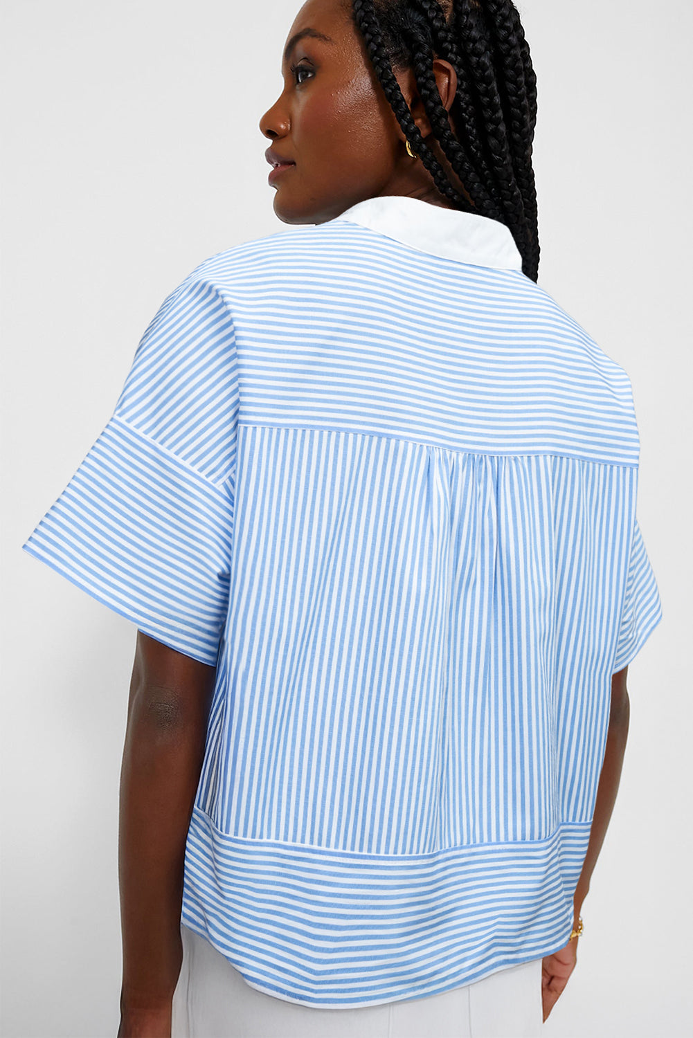 Sky Blue Stripe Contrast Collar Hidden Button Short Sleeve Summer Shirt BB Fashion Outlet