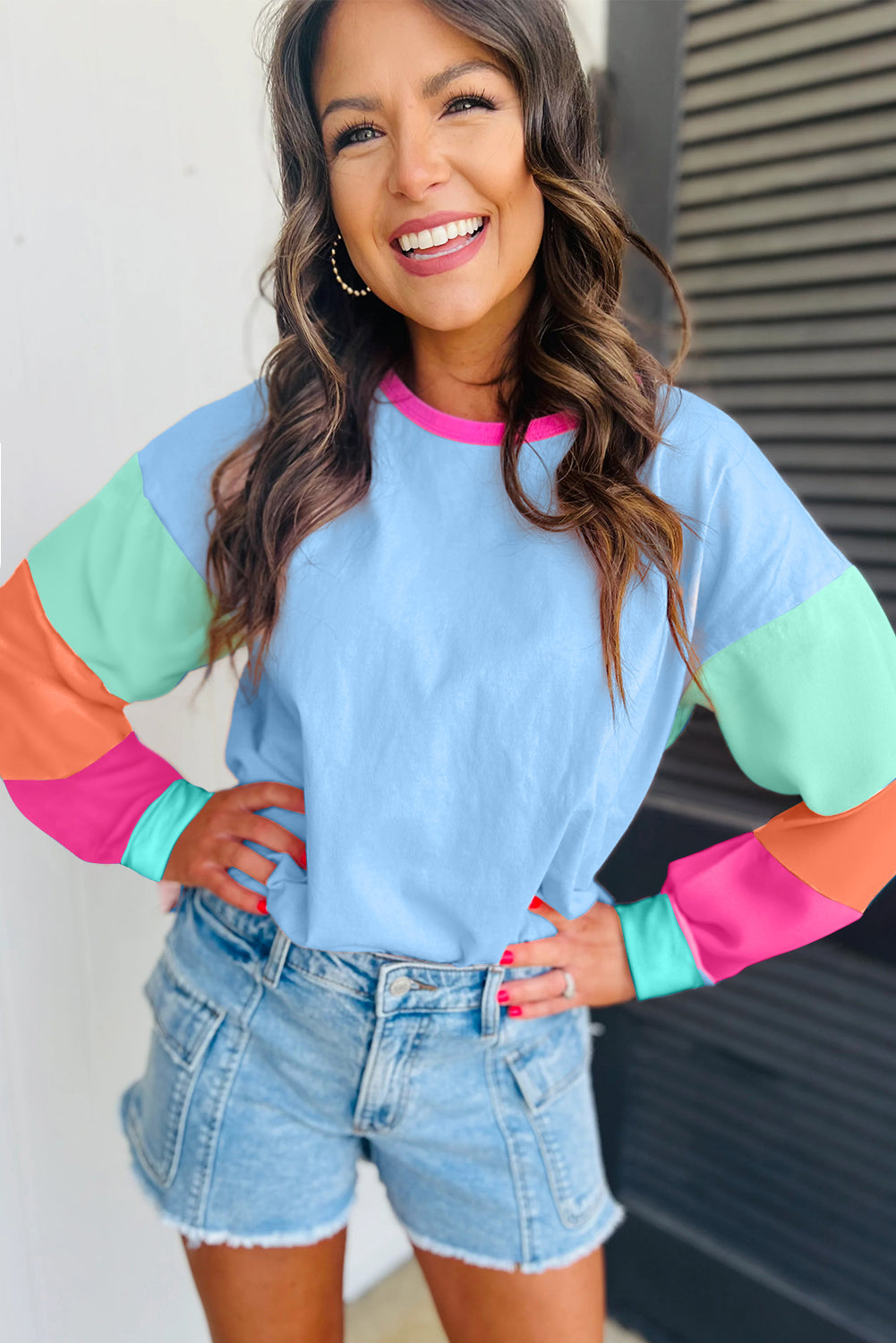 Dark Blue Colourblock Patchwork Long Sleeve Loose Top eAura