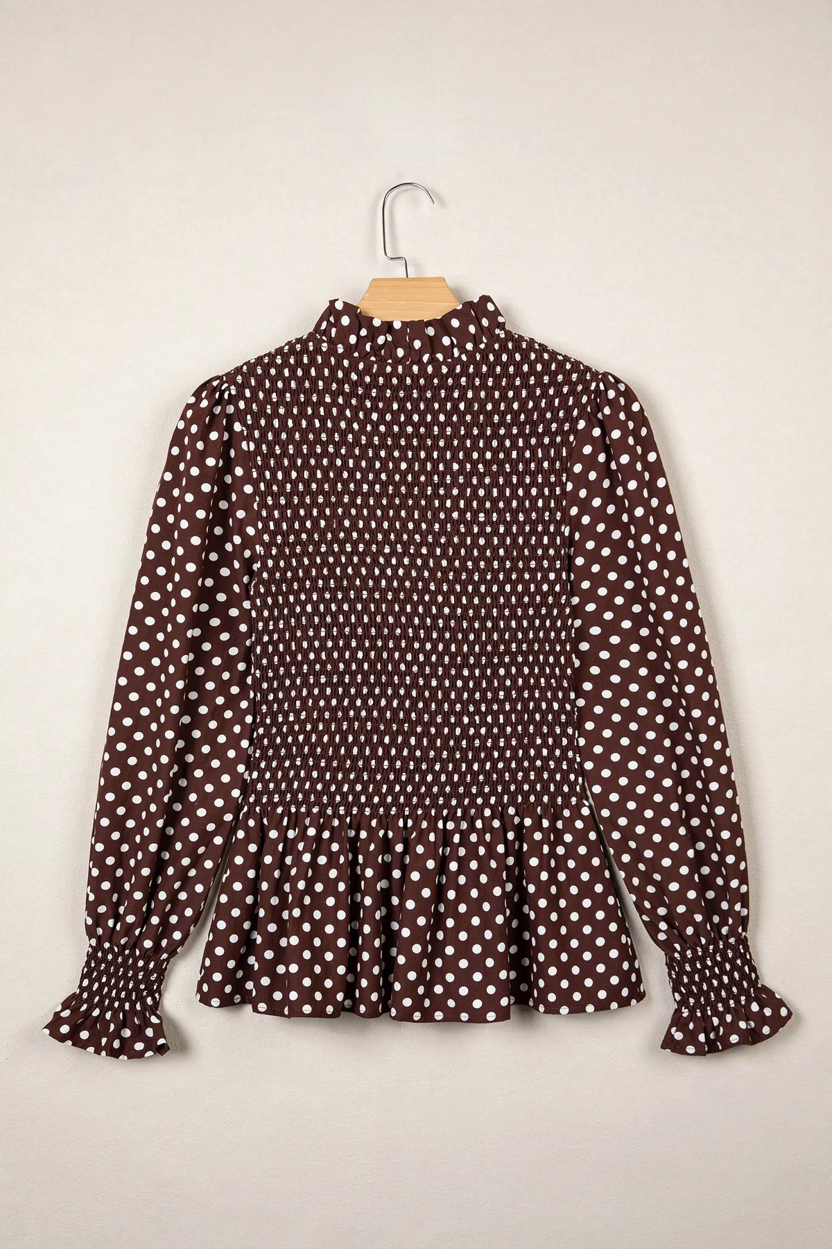 Polka Dot Ruffled High Neck Shirred Ruffle Hem Blouse – Brown