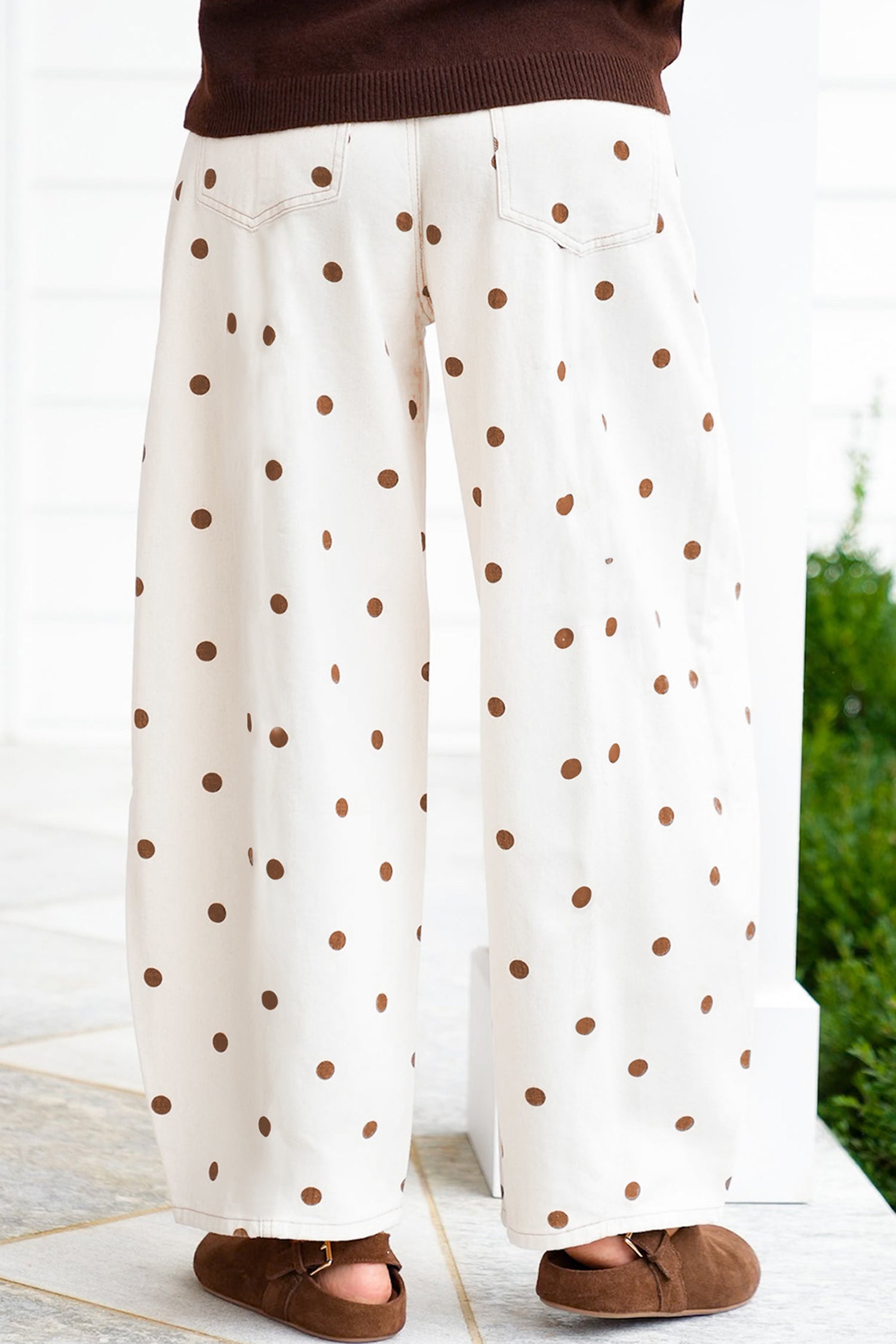 Polka Dot Print Plus Size Barrel Jeans – Beige