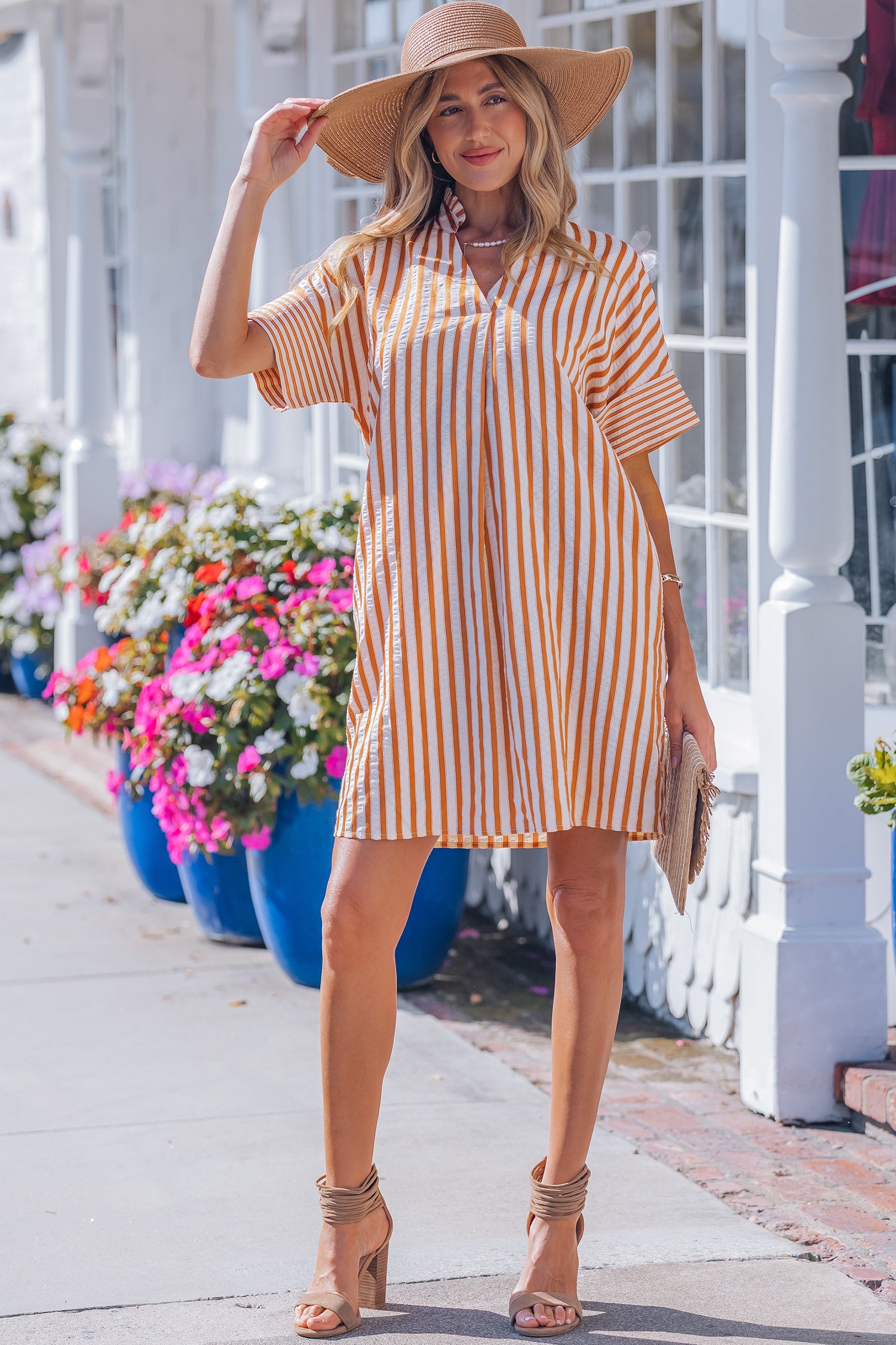Stripe Pinched V-Neck Turn-Up Cuff Shift Mini Dress