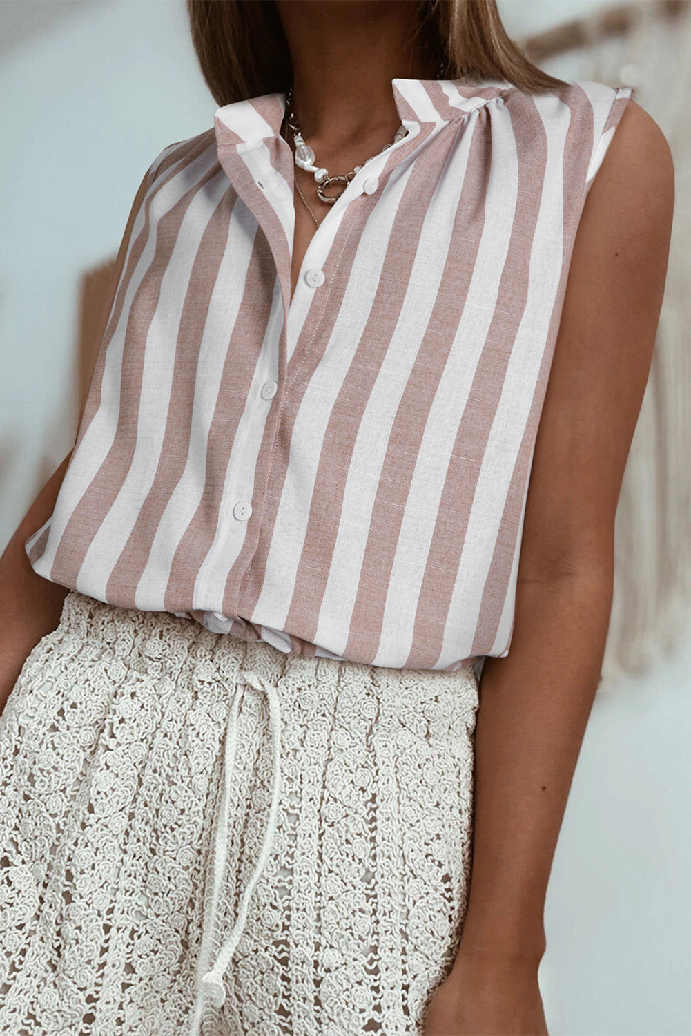 Khaki Stripe Casual Button Down Sleeveless Shirt eAura