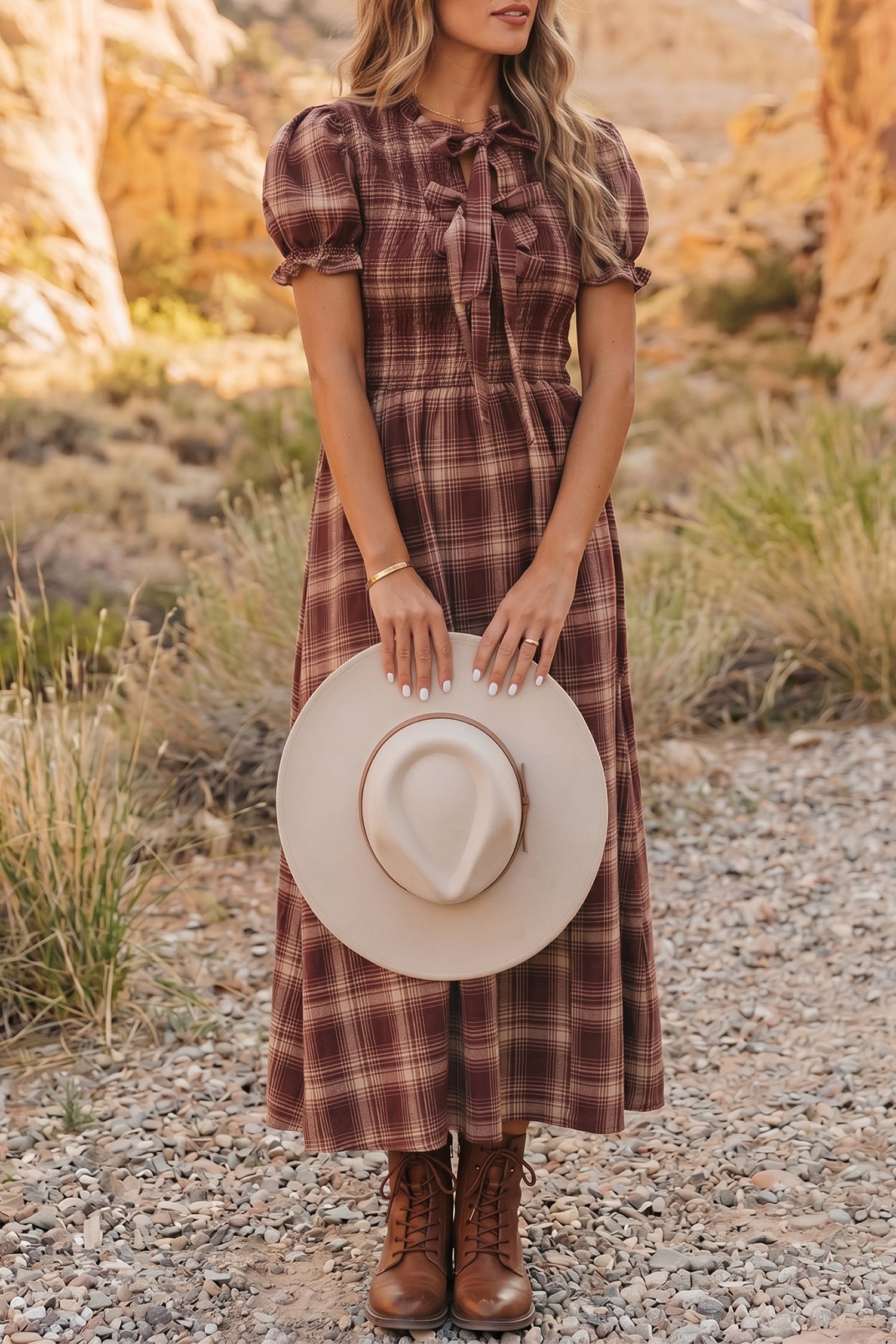 Vintage Plaid Knot Front Smocked High Waist Midi Dress – Red