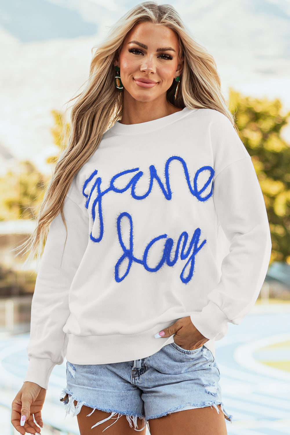 White Tinsel Game Day Drop Shoulder Graphic Sweatshirt eAura