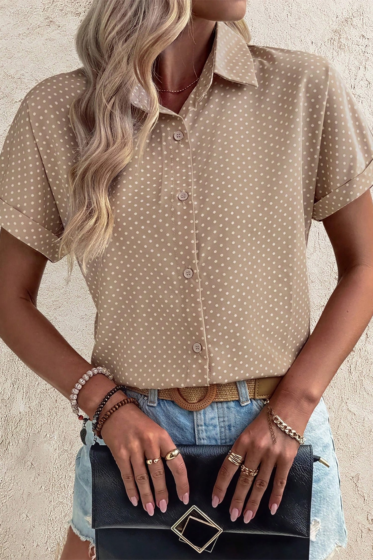 Dotted Print Cuffed Short Sleeve Shirt
