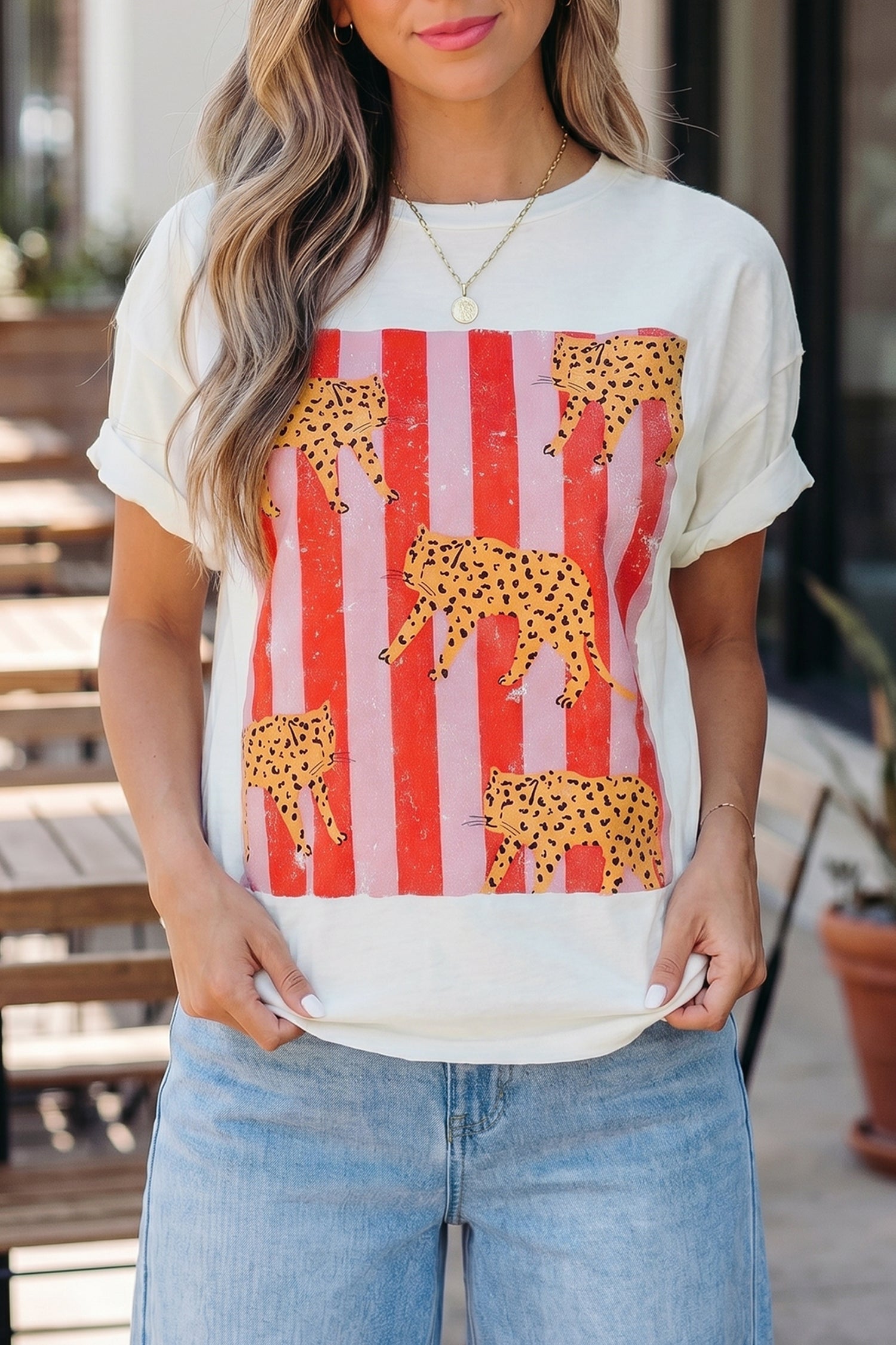 Cheetah Striped Print Retro Fashion Graphic Tee – Dark Grey
