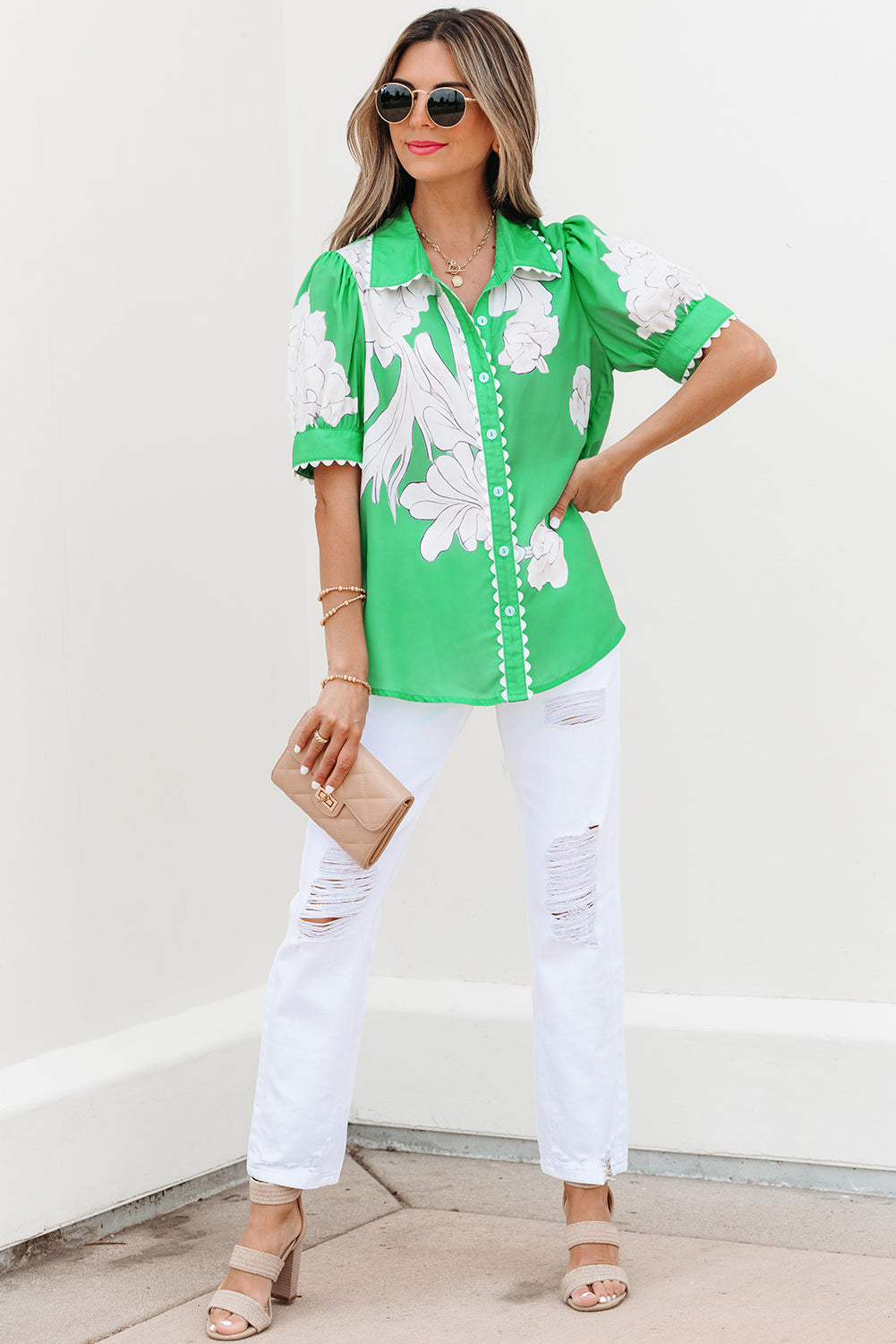 Green Floral Ric Rac Edge Puff Short Sleeve Shirt eAura