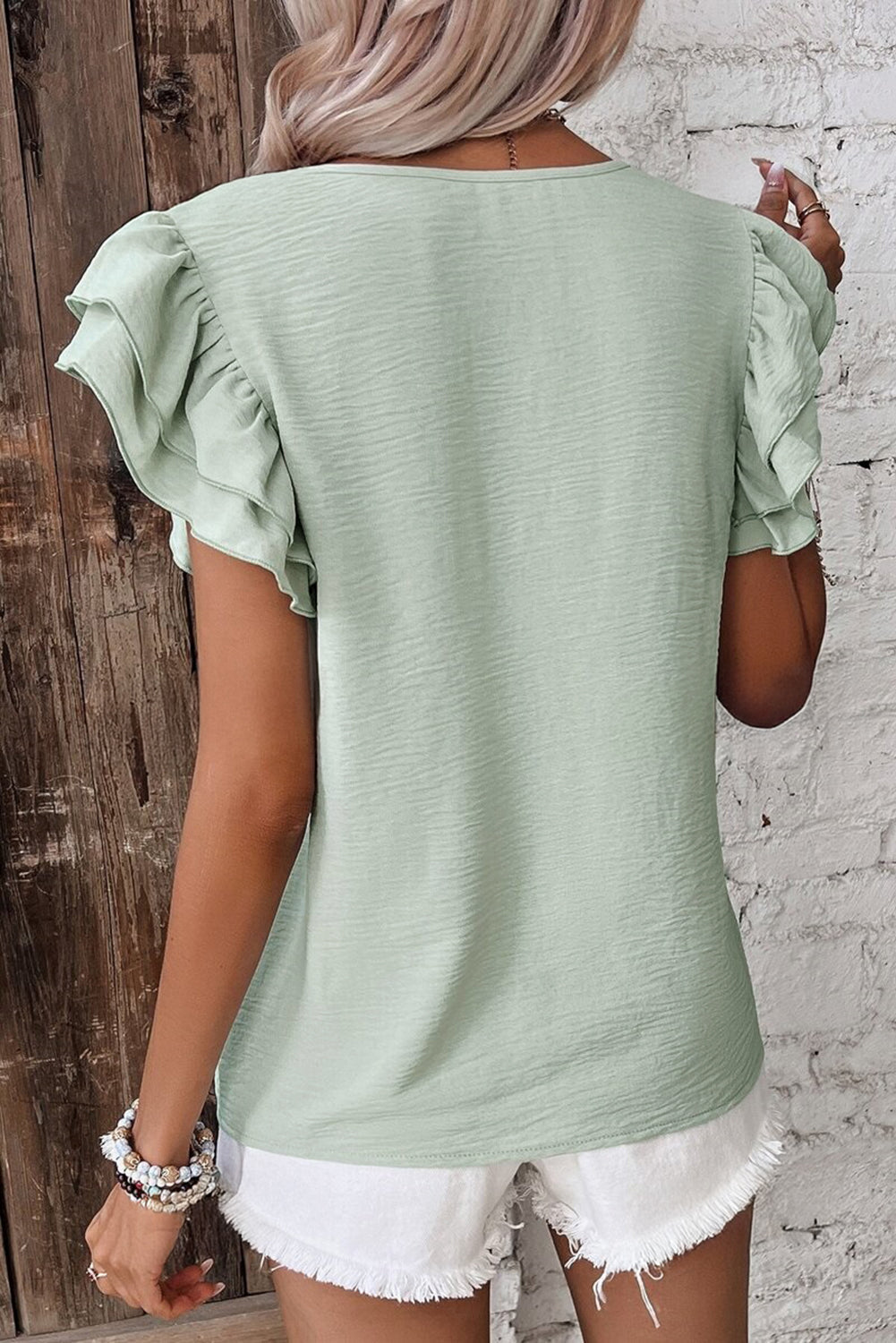 Clearly Aqua Solid Colour Ruffled Short Sleeve Casual Blouse eAura