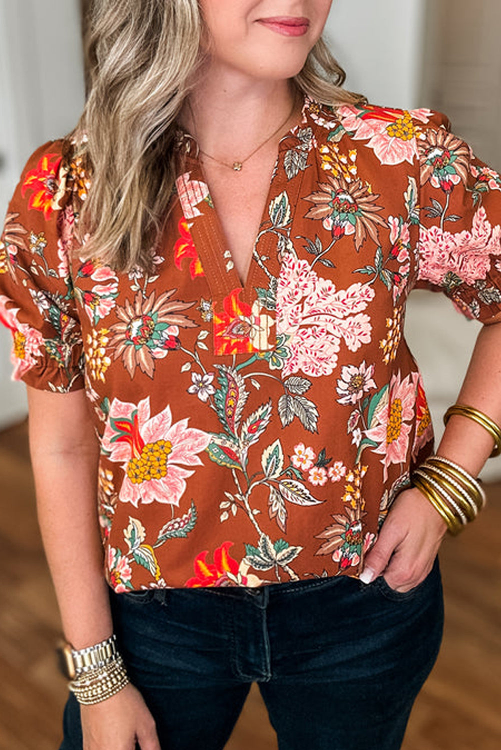 Brown Floral Stitched V Neck Frilled Trim Puff Short Sleeve Blouse BB Fashion Outlet