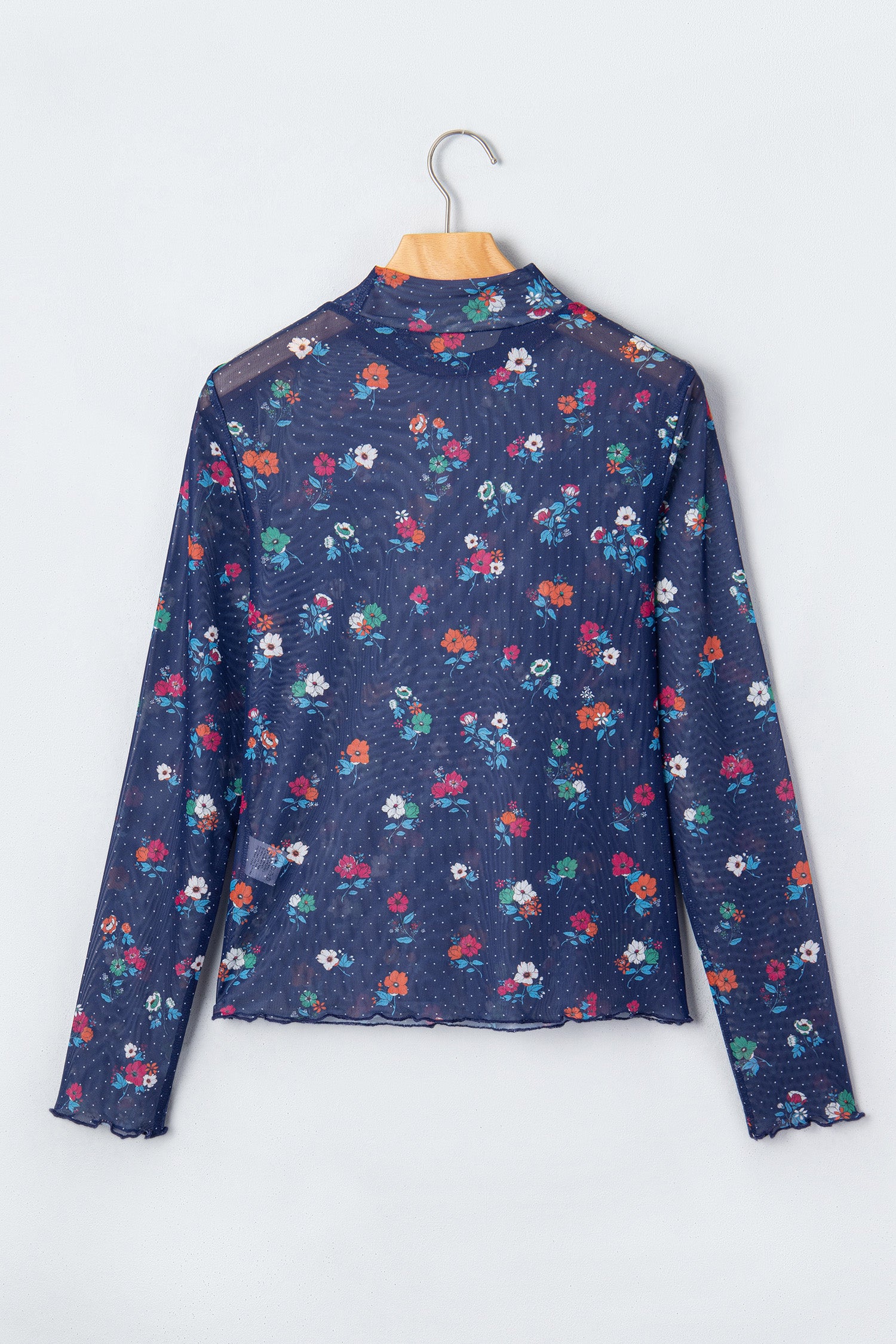 Polka Dot Floral Mesh Long Sleeve High Neck Pullover Sheath Top – Blue