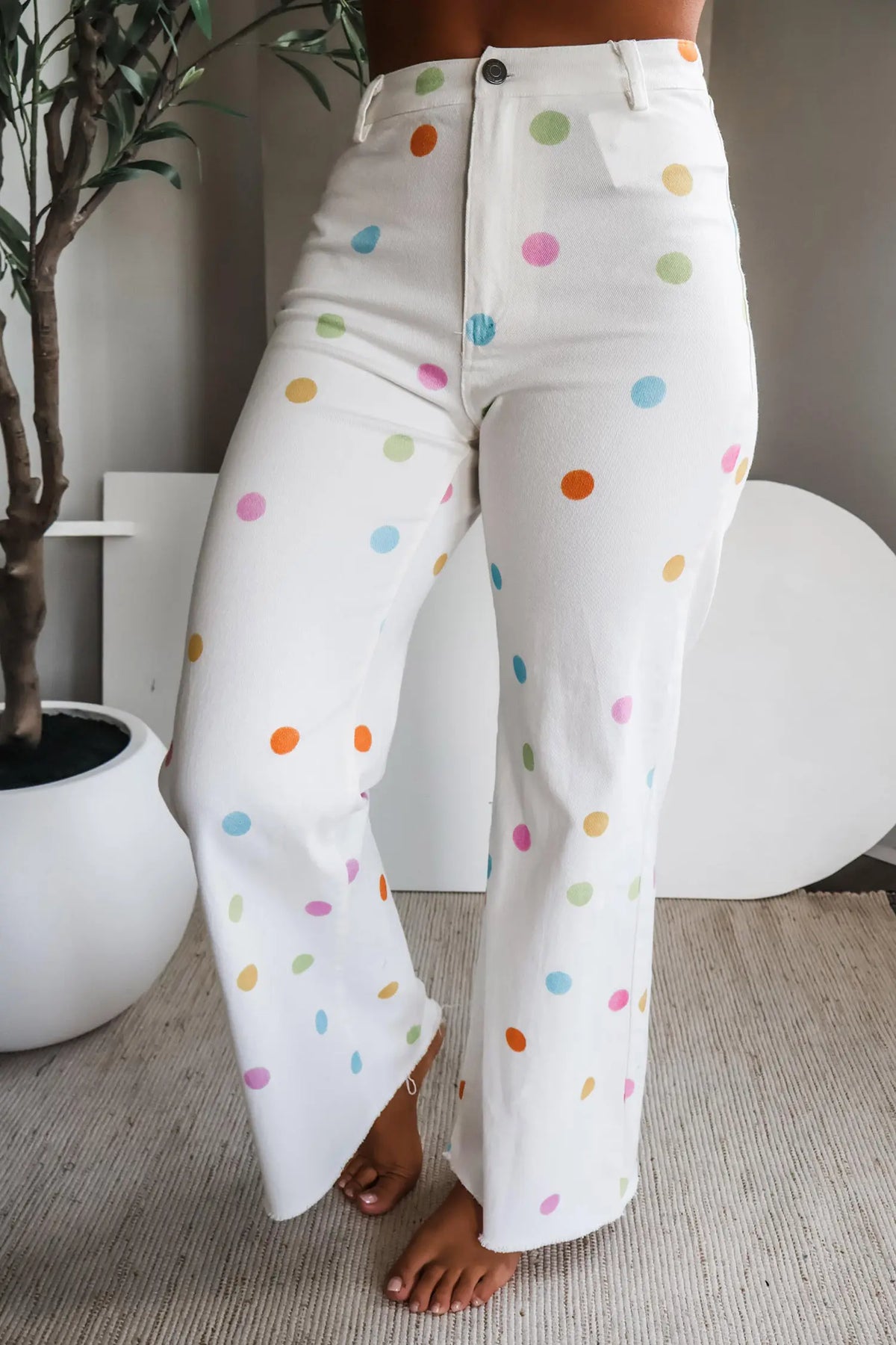 White High Waist Polka Dot Straight Leg Casual Jeans