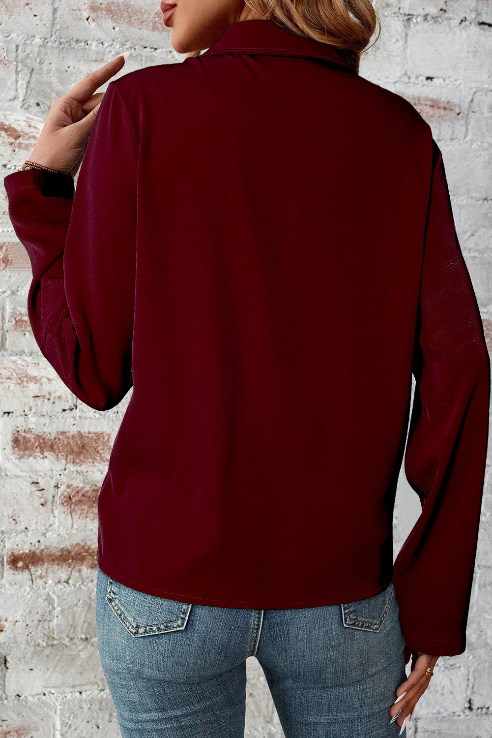 Red Dahlia Collar Tab Sleeve Zip Up Flap Detail Jacket BB Fashion Outlet