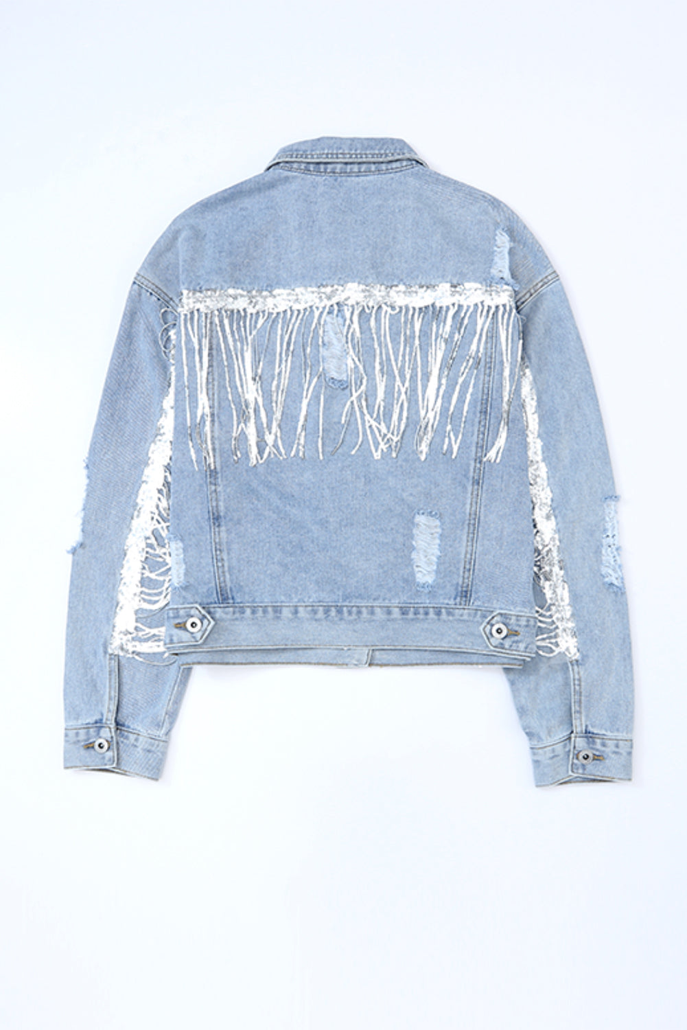 Sky Blue Sequin Embellished Fringe Distressed Denim Jacket Beagle Boutique Fashion Outlet