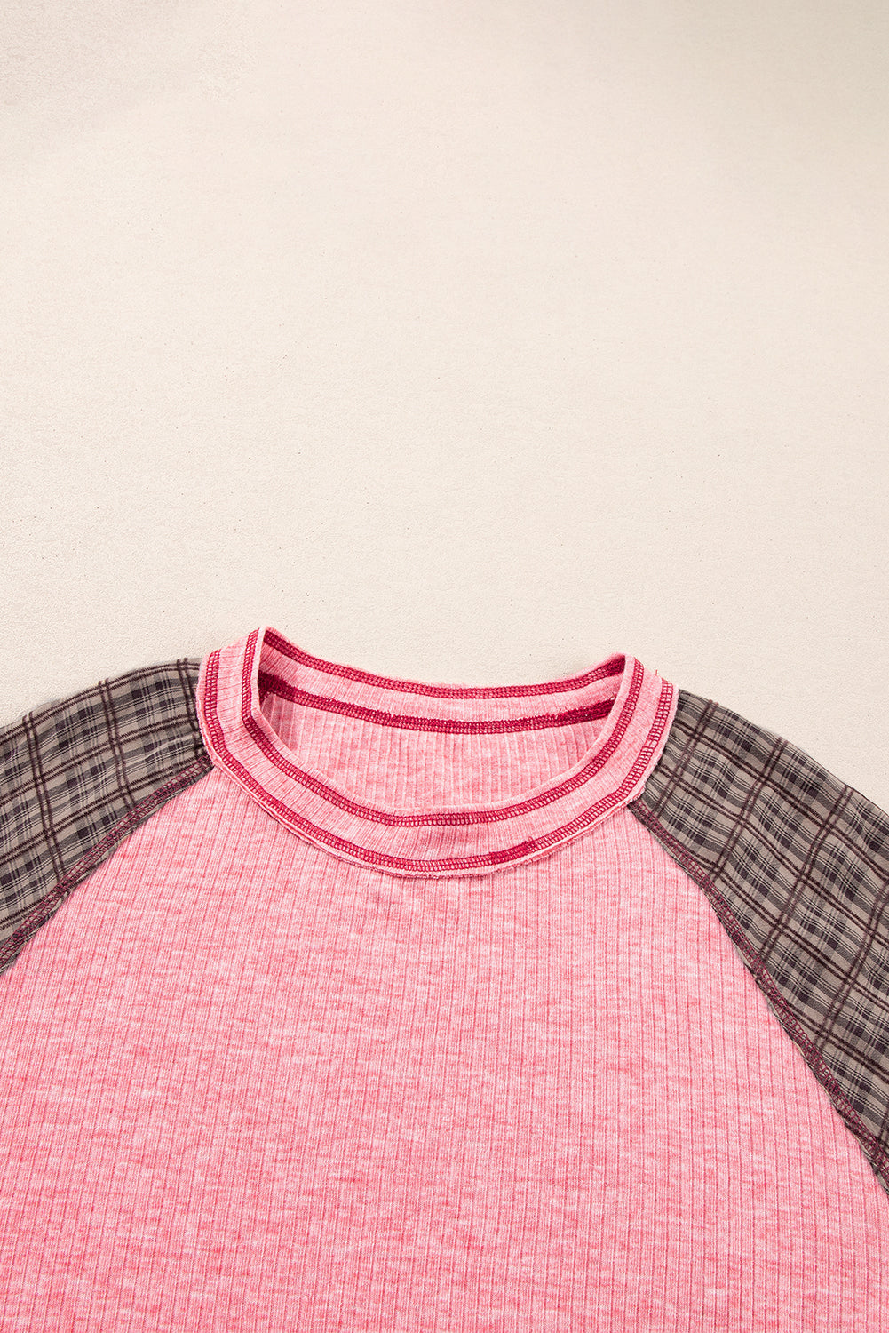 Pink Checkered Paisley Patchwork Raglan Sleeve Seamed Plus Size Top BB Fashion Outlet