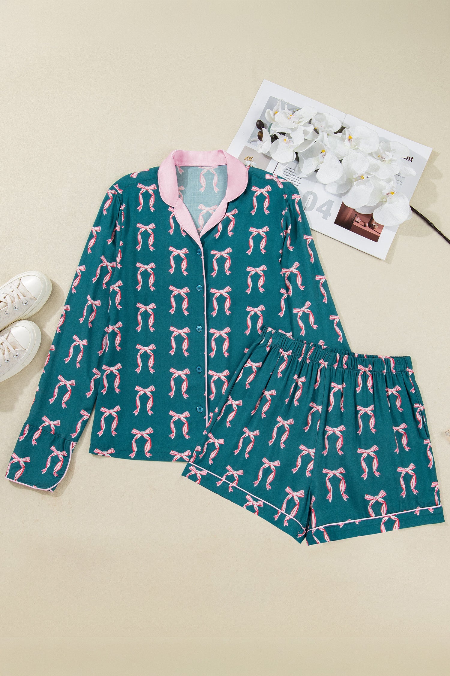 Green Ribbon Bow Print Long Sleeve Shirt and Shorts Pyjama Set - Loungewear & Sleepwear/Sleepwear