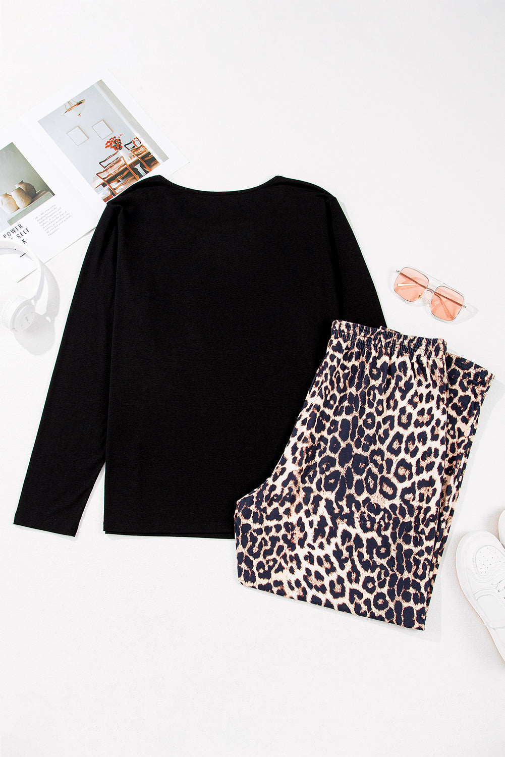 Black Leopard Patched Pocket Long Sleeve Top Plus Size Trousers Set BB Fashion Outlet