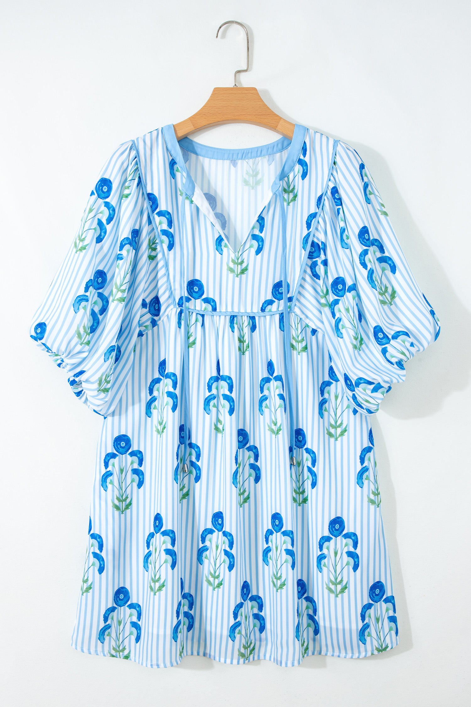 Floral Striped Tie Neck Puff Sleeve Mini Dress – Light Blue & Pink