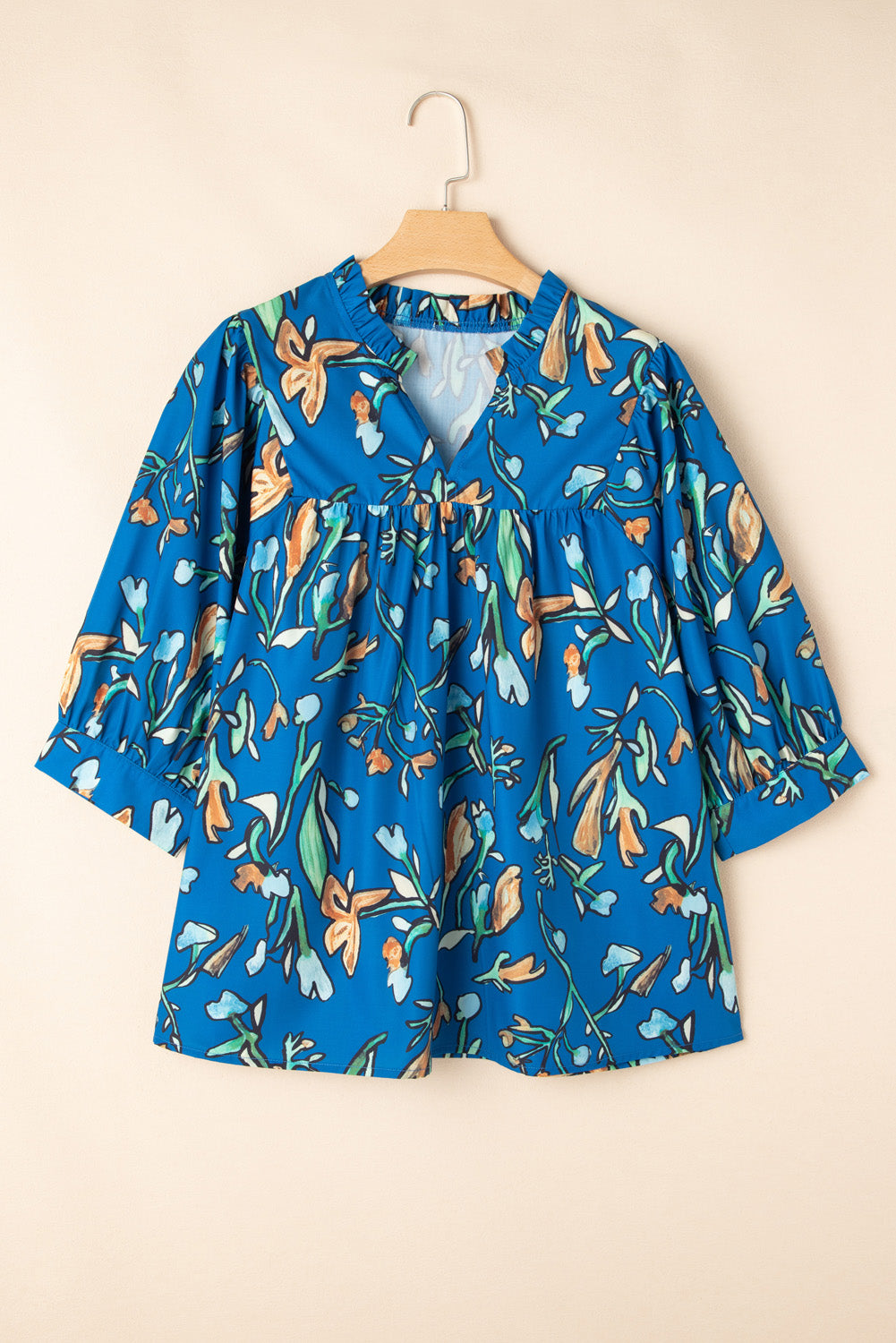 Blue Floral Notched V Neck Half Sleeve Plus Size Blouse BB Fashion Outlet