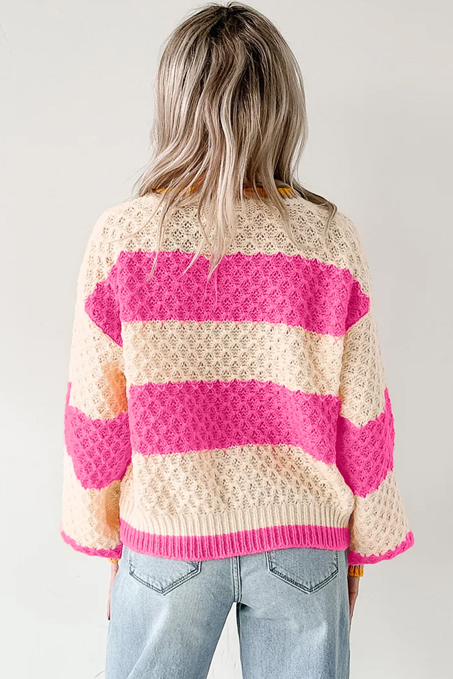 Striped Colorblock Texture Drop Shoulder Sweater – Pink Stripe