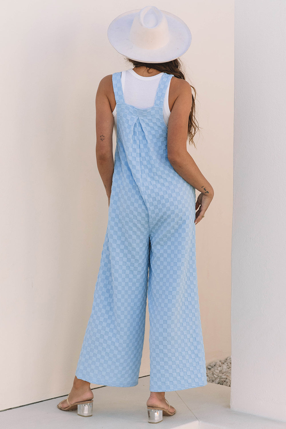 Beau Blue Checkered Pocketed High Waist Wide Leg Overall Dungarees eAura