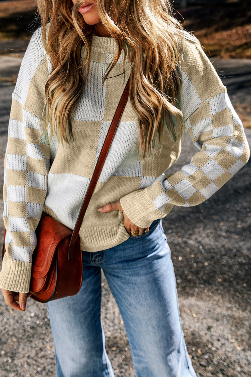 Flaxen Checkered Print Drop Shoulder Sweater eAura
